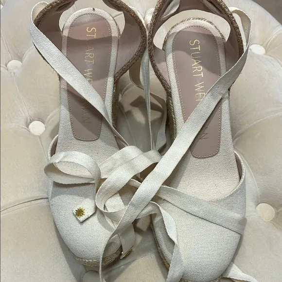 Stuart Weitzman Cream Espadrille Shoes with Strappy Design