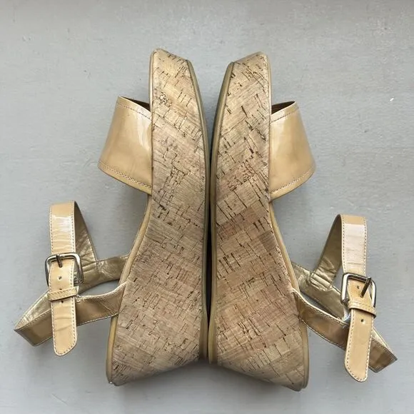 Stuart Weitzman Golden Tan Patent Leather Cork Platform Wedge Sandals Women’s 7