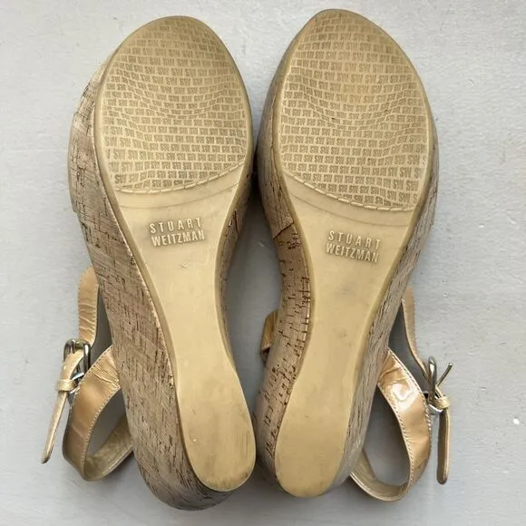 Stuart Weitzman Golden Tan Patent Leather Cork Platform Wedge Sandals Women’s 7