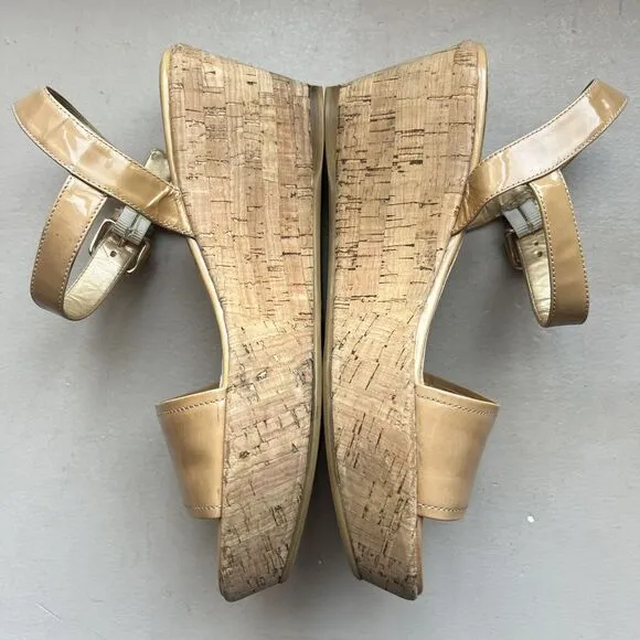 Stuart Weitzman Golden Tan Patent Leather Cork Platform Wedge Sandals Women’s 7
