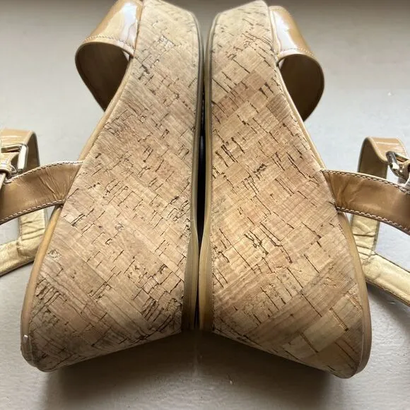 Stuart Weitzman Golden Tan Patent Leather Cork Platform Wedge Sandals Women’s 7