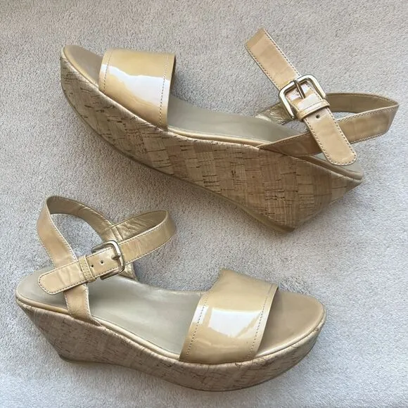 Stuart Weitzman Golden Tan Patent Leather Cork Platform Wedge Sandals Women’s 7