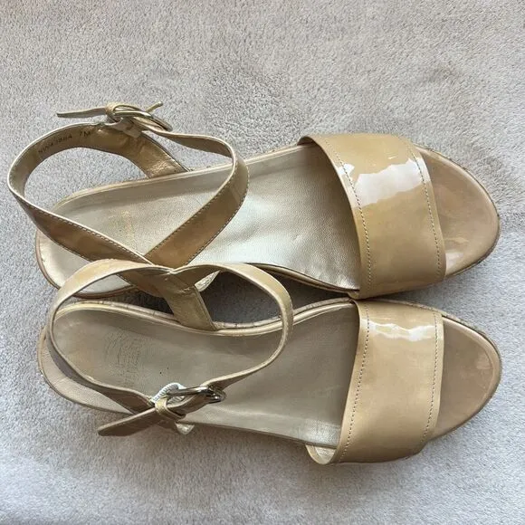 Stuart Weitzman Golden Tan Patent Leather Cork Platform Wedge Sandals Women’s 7