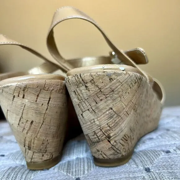 Stuart Weitzman Golden Tan Patent Leather Cork Platform Wedge Sandals Women’s 7
