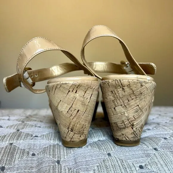 Stuart Weitzman Golden Tan Patent Leather Cork Platform Wedge Sandals Women’s 7