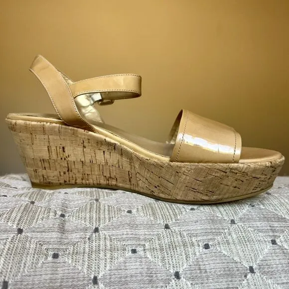 Stuart Weitzman Golden Tan Patent Leather Cork Platform Wedge Sandals Women’s 7