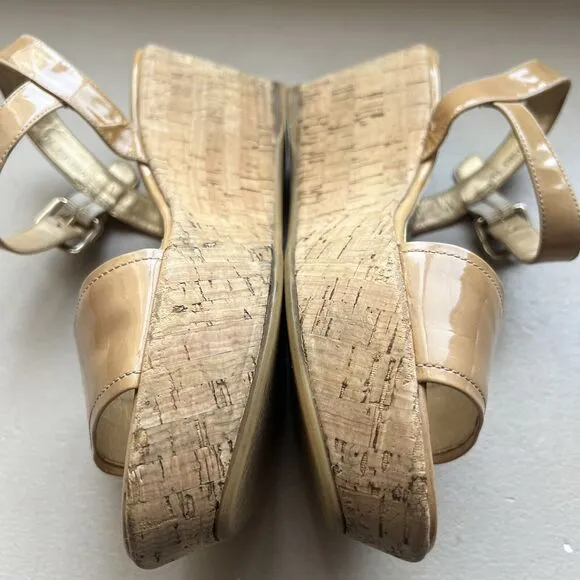 Stuart Weitzman Golden Tan Patent Leather Cork Platform Wedge Sandals Women’s 7