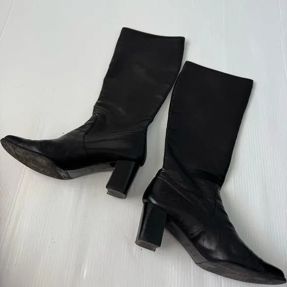Stuart Weitzman leather knee high pull on heeled boots black size 9.5