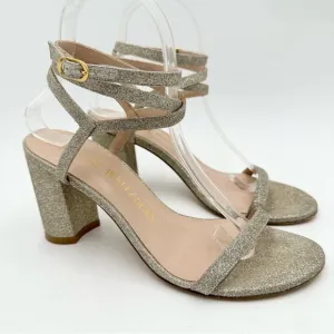 Stuart Weitzman Merinda Ankle-Wrap Block Heel Sandals Gold Glitter