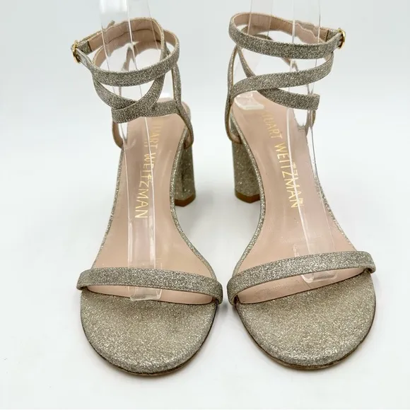 Stuart Weitzman Merinda Ankle-Wrap Block Heel Sandals Gold Glitter