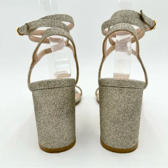 Stuart Weitzman Merinda Ankle-Wrap Block Heel Sandals Gold Glitter