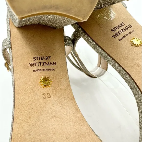 Stuart Weitzman Merinda Ankle-Wrap Block Heel Sandals Gold Glitter
