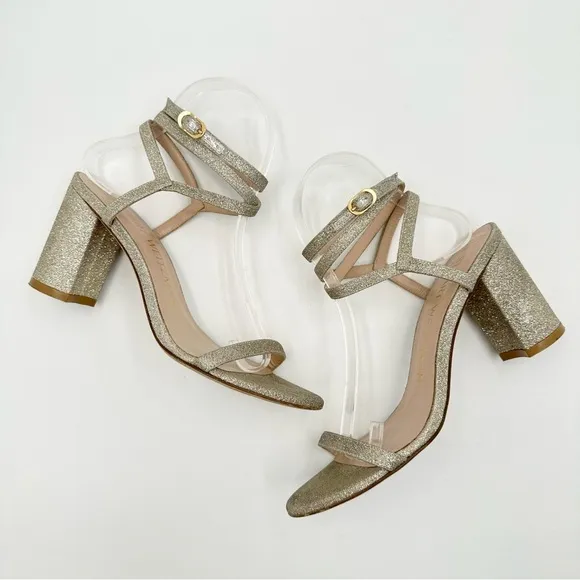 Stuart Weitzman Merinda Ankle-Wrap Block Heel Sandals Gold Glitter