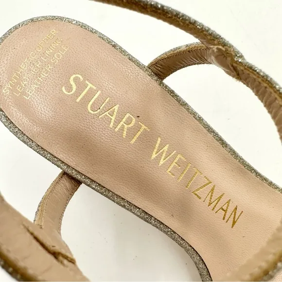 Stuart Weitzman Merinda Ankle-Wrap Block Heel Sandals Gold Glitter