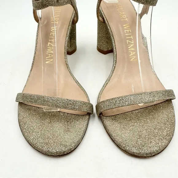 Stuart Weitzman Merinda Ankle-Wrap Block Heel Sandals Gold Glitter