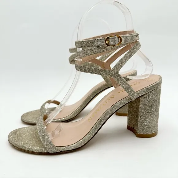 Stuart Weitzman Merinda Ankle-Wrap Block Heel Sandals Gold Glitter