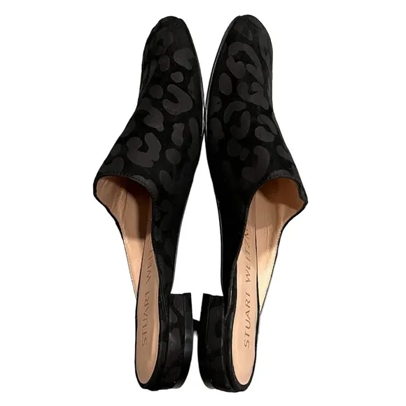 Stuart Weitzman Mulearky Black Leopard Print Flats Slides Mules size 6.5