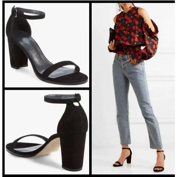 Stuart Weitzman Nearlynude Black Ankle Strap Sandals 10.5 M