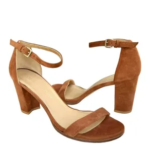 Stuart Weitzman Nearlynude Suede Sandals Saddle Ankle Strap Block Heel Leather
