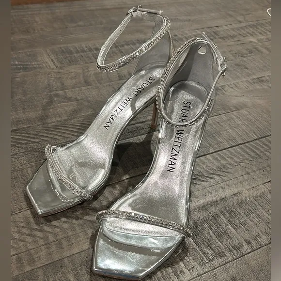 Stuart Weitzman Nudistcurve Glam Metallic Crystal Ankle-Strap Sandals