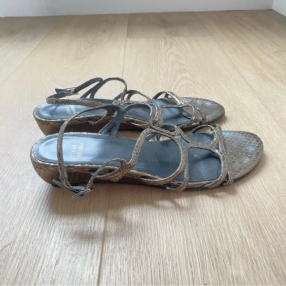 Stuart Weitzman Silver Leather Snake Printed Strappy Sandals 10