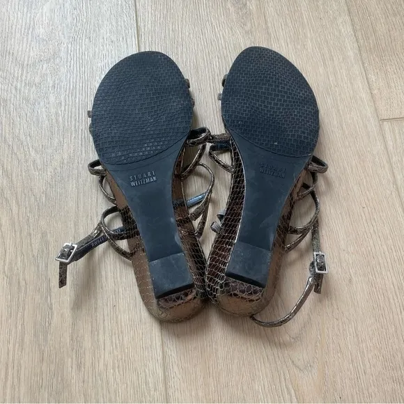 Stuart Weitzman Silver Leather Snake Printed Strappy Sandals 10