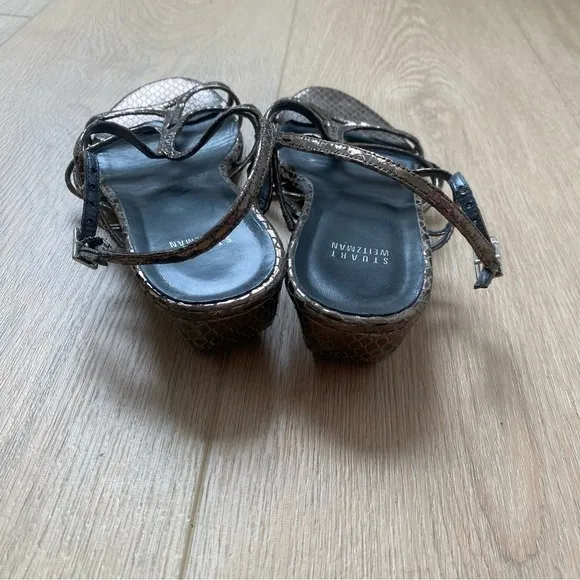 Stuart Weitzman Silver Leather Snake Printed Strappy Sandals 10