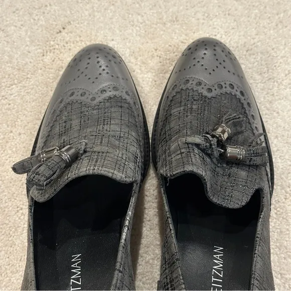 Stuart Weitzman Women’s Black &amp; Gray Heels Brogue Loafers Tassel Accent sz 8.5