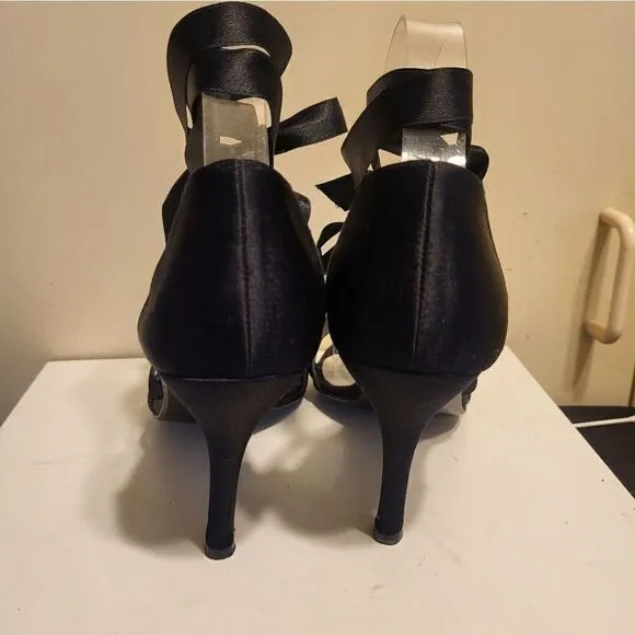 Stuart Weitzman Black Peau de Soie Ribbon Ankle Wrap Heeled Sandals Sz.8 $495