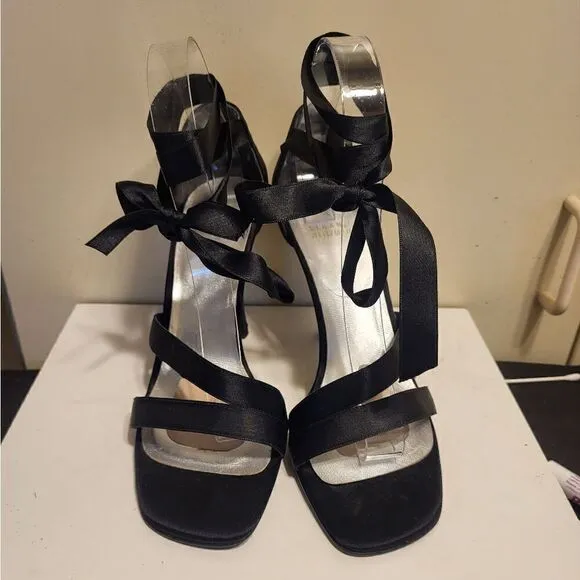 Stuart Weitzman Black Peau de Soie Ribbon Ankle Wrap Heeled Sandals Sz.8 $495