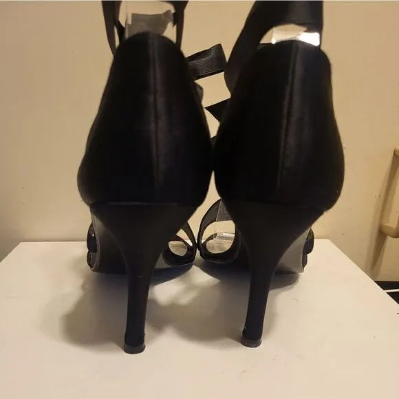 Stuart Weitzman Black Peau de Soie Ribbon Ankle Wrap Heeled Sandals Sz.8 $495