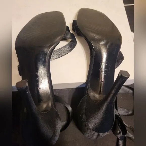 Stuart Weitzman Black Peau de Soie Ribbon Ankle Wrap Heeled Sandals Sz.8 $495
