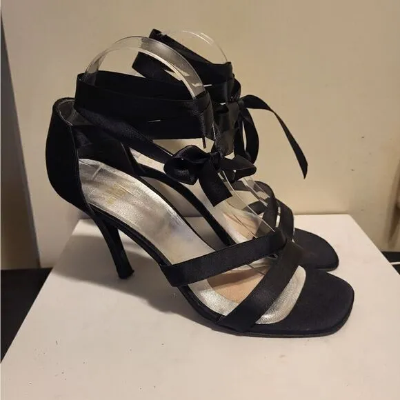 Stuart Weitzman Black Peau de Soie Ribbon Ankle Wrap Heeled Sandals Sz.8 $495