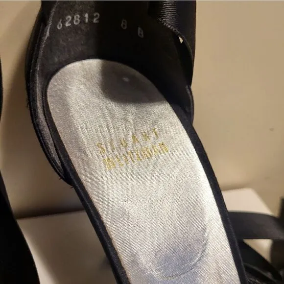 Stuart Weitzman Black Peau de Soie Ribbon Ankle Wrap Heeled Sandals Sz.8 $495