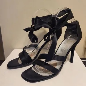 Stuart Weitzman Black Peau de Soie Ribbon Ankle Wrap Heeled Sandals Sz.8 $495