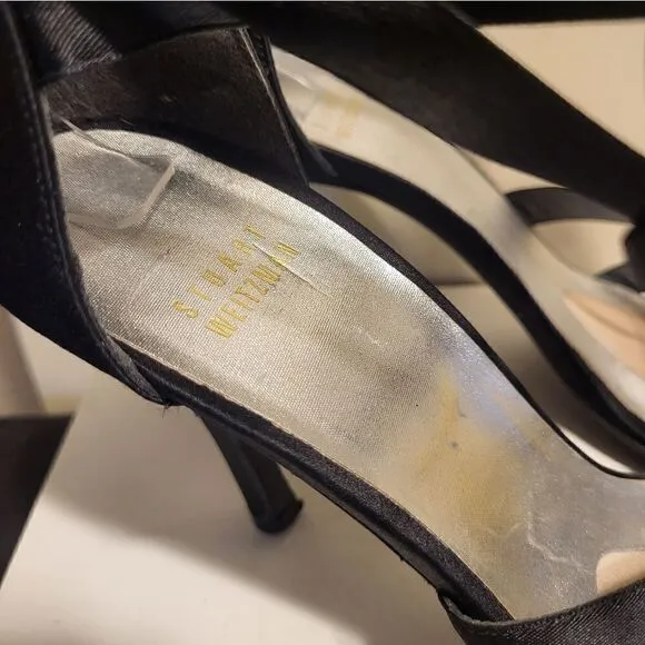 Stuart Weitzman Black Peau de Soie Ribbon Ankle Wrap Heeled Sandals Sz.8 $495