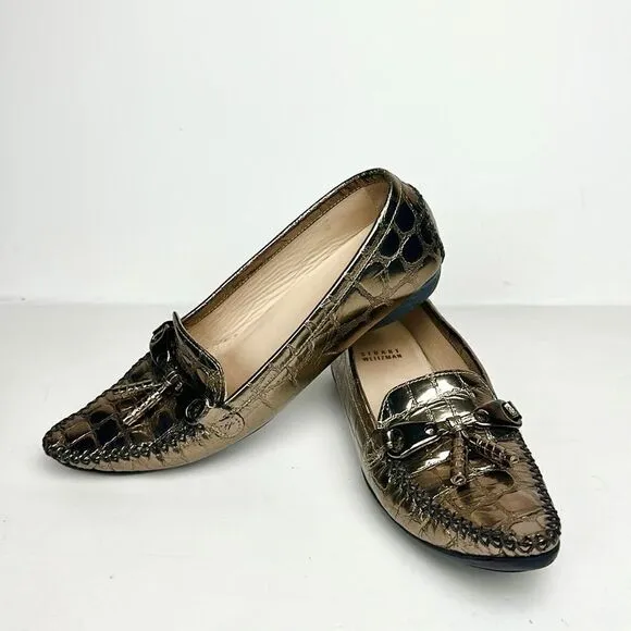 Stuart Weitzman Metallic Croc Embossed Topstitch Moccasin Loafer With Tassel 7,5