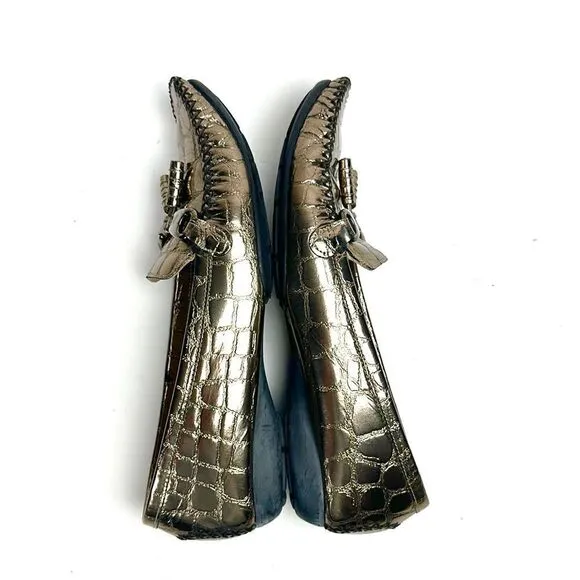 Stuart Weitzman Metallic Croc Embossed Topstitch Moccasin Loafer With Tassel 7,5