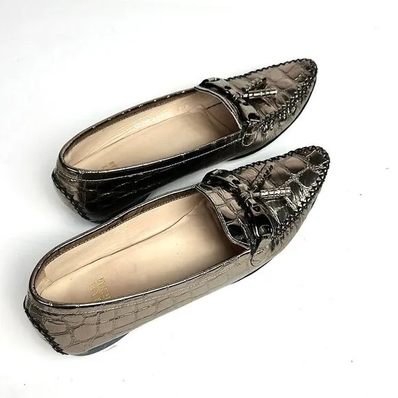 Stuart Weitzman Metallic Croc Embossed Topstitch Moccasin Loafer With Tassel 7,5