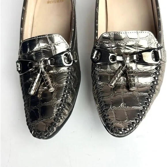 Stuart Weitzman Metallic Croc Embossed Topstitch Moccasin Loafer With Tassel 7,5