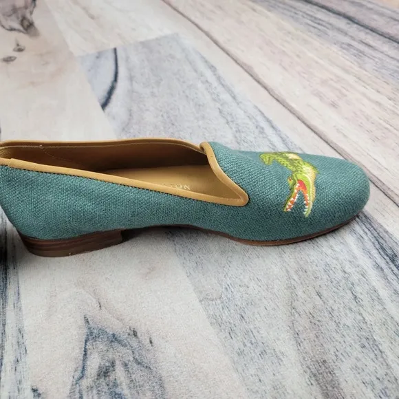 Stubbs &amp; Wootton Shoes Womens 6 Teal Loafers Flats Gator Alligator Embroidered
