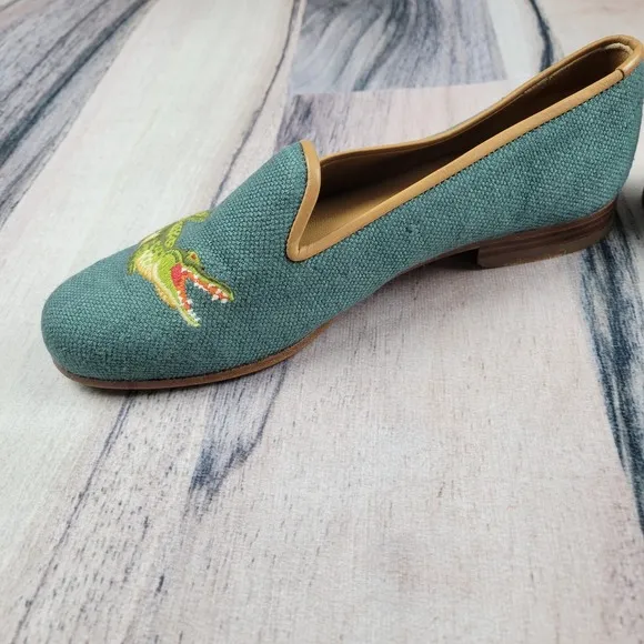 Stubbs &amp; Wootton Shoes Womens 6 Teal Loafers Flats Gator Alligator Embroidered