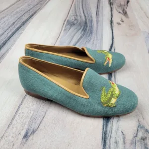 Stubbs &amp; Wootton Shoes Womens 6 Teal Loafers Flats Gator Alligator Embroidered