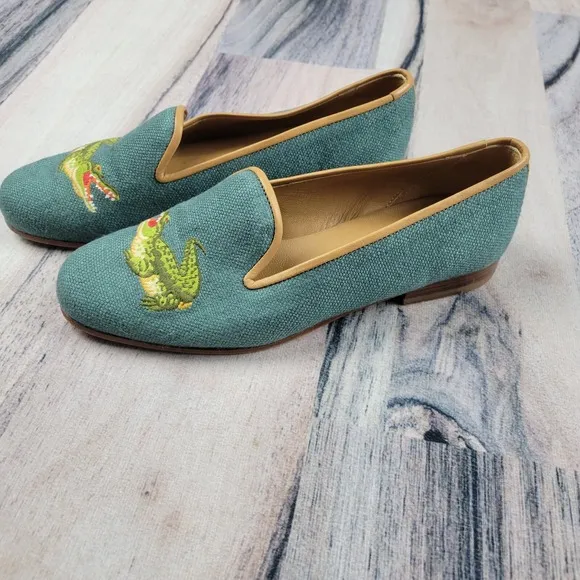 Stubbs &amp; Wootton Shoes Womens 6 Teal Loafers Flats Gator Alligator Embroidered
