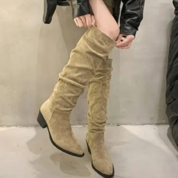 Suede Knee-High Boots - Beige