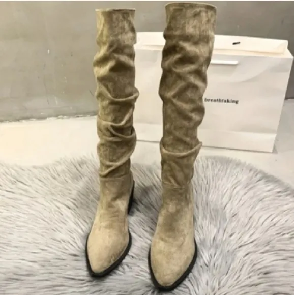 Suede Knee-High Boots - Beige