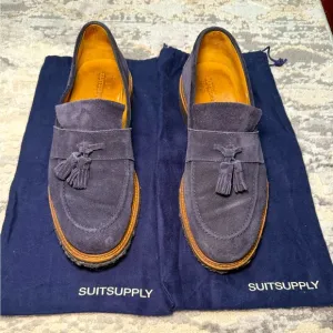 SuitSupply Navy Blue Suede Tassel Loafers