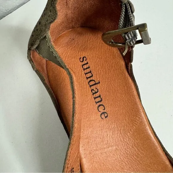 Sundance olive leather lasercut ankle strap wedge sandals size 39 NEW