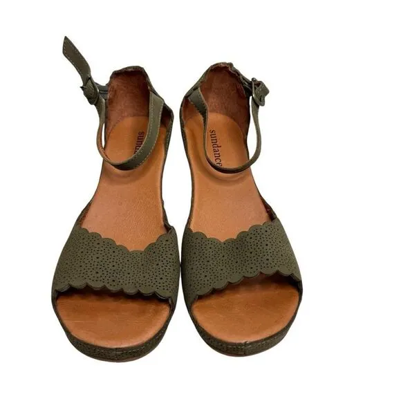 Sundance olive leather lasercut ankle strap wedge sandals size 39 NEW