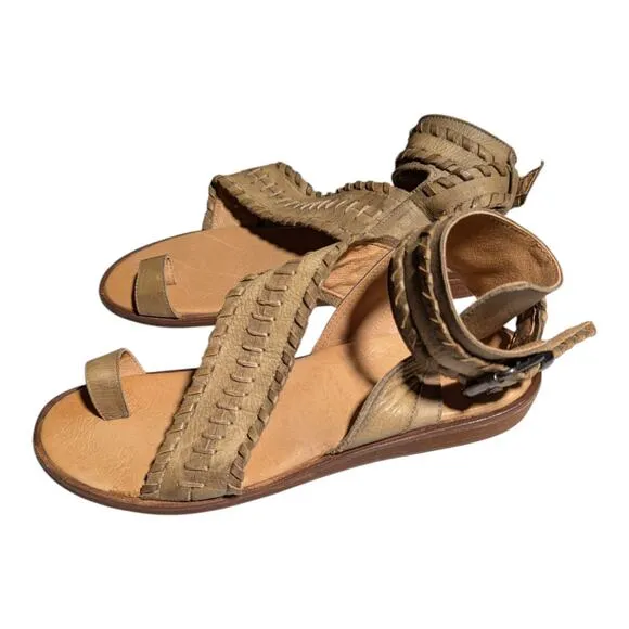 Sundance Veracruz Artisans Beige Whipstitch Leather Toe Loop Sandals Sz 39 8.5